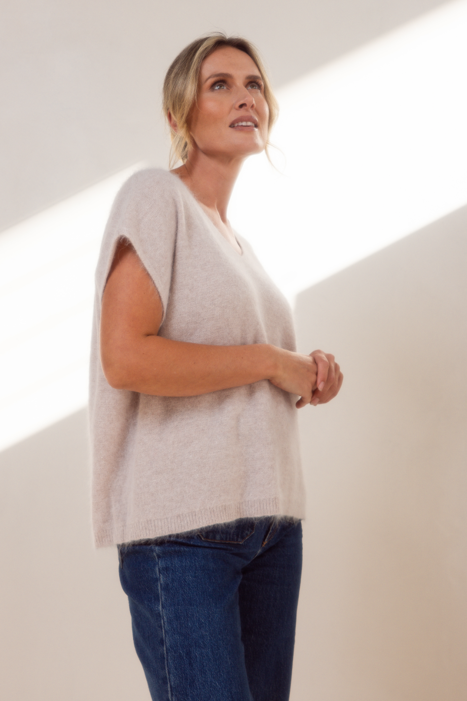 See Saw V Neck Boxy Vest in Oatmeal