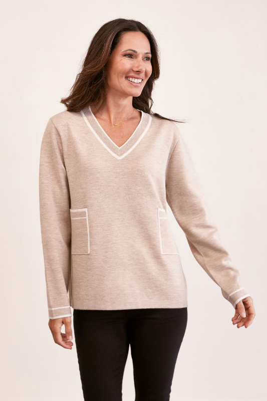 See Saw V Neck 2 Pocket Sweater | Wheat/White