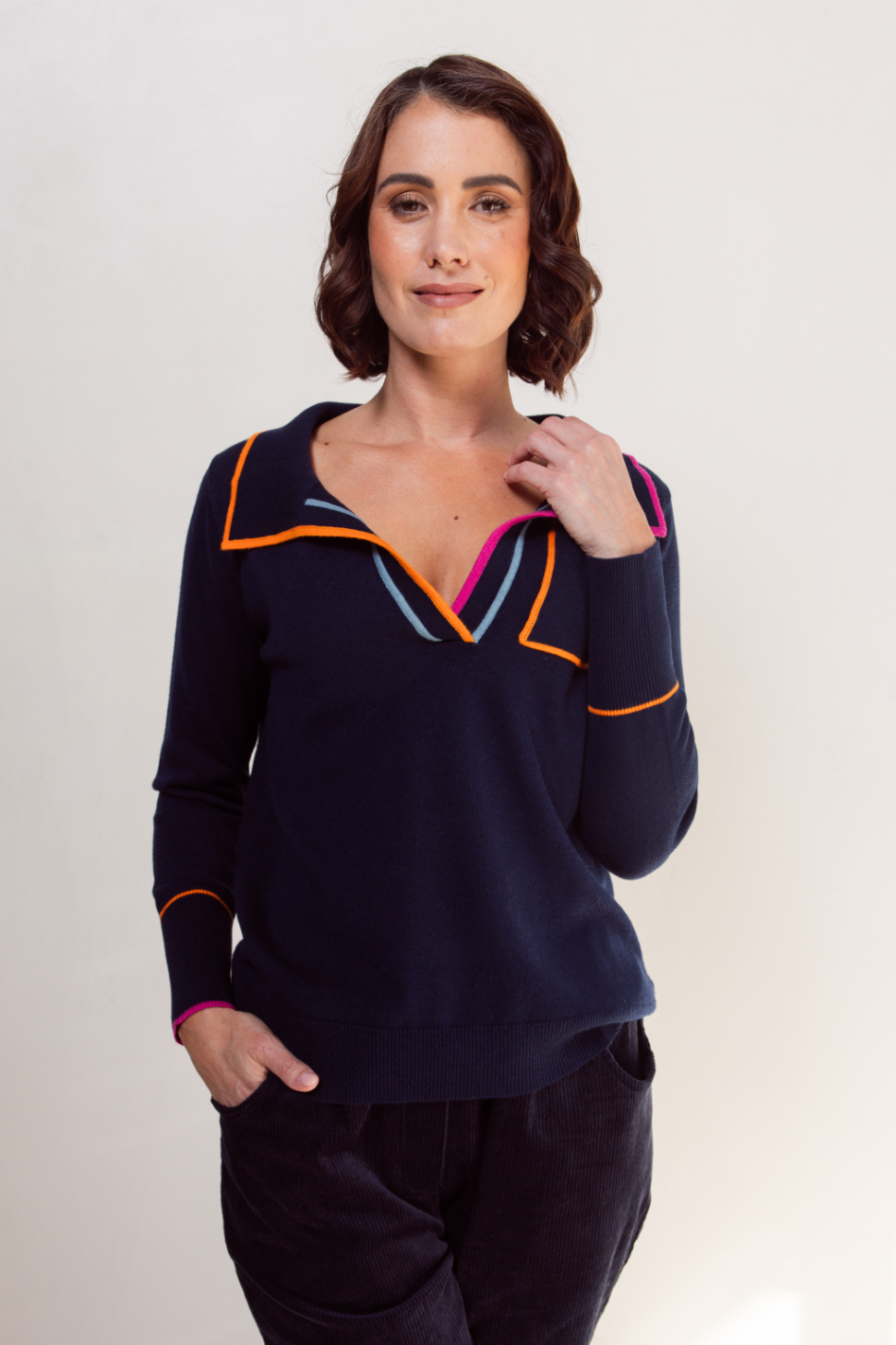 See Saw Wool Blend Collared Trim Sweater 