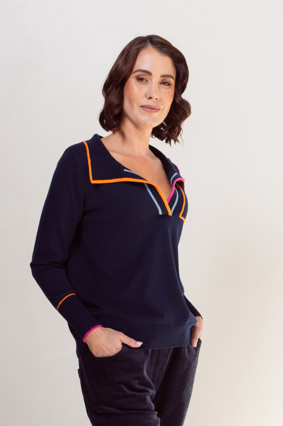 See Saw Wool Blend Collared Trim Sweater 