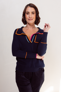See Saw Wool Blend Collared Trim Sweater | Night Sky/Magenta/Tango | 718