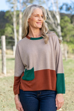 Load image into Gallery viewer, See Saw Wool Blend Colour Block Sweater in Stone Nutmeg and Forest

