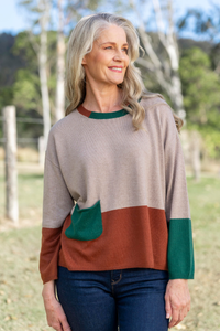 See Saw Wool Blend Colour Block Sweater | Stone/Nutmeg/Forest