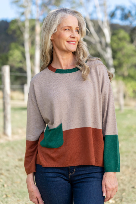 See Saw Wool Blend Colour Block Sweater in Stone Nutmeg and Forest
