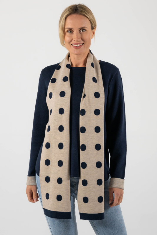 See Saw Wool Blend Contrast Spot Scarf in Navy