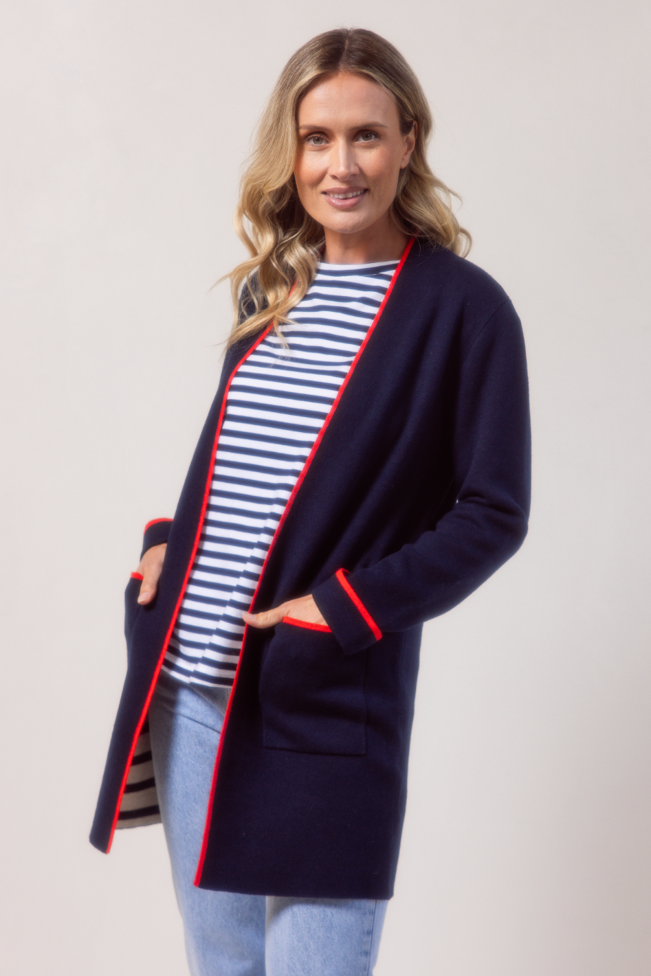 See Saw Wool Blend Longline Trim Detail Cardi in Night Sky Combo
