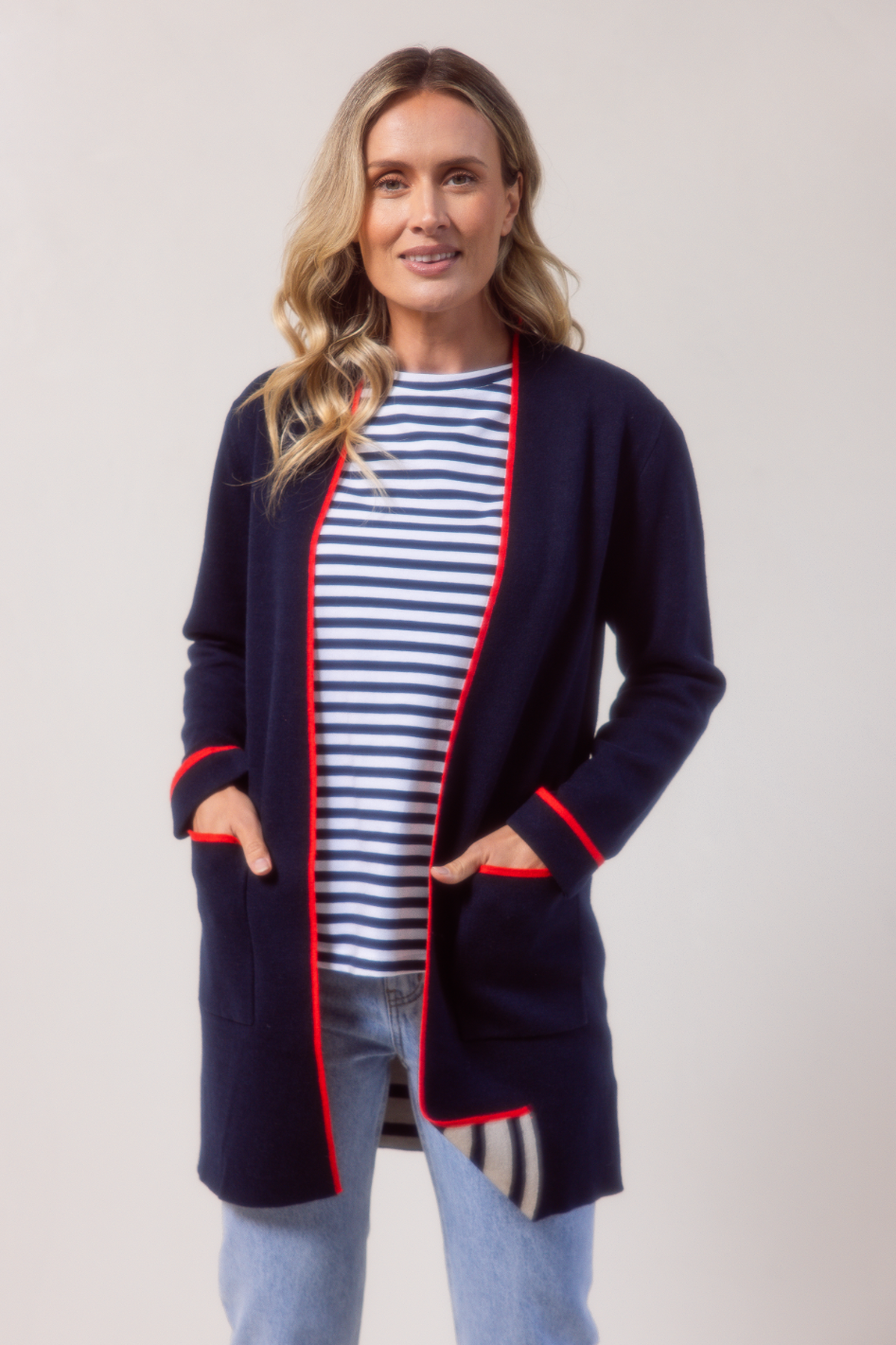 See Saw Wool Blend Longline Trim Detail Cardi in Night Sky Combo