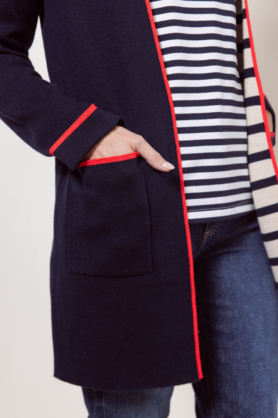 See Saw Wool Blend Longline Trim Detail Cardi in Night Sky Combo