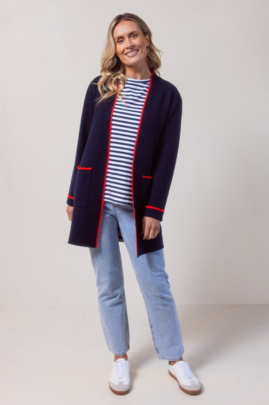 See Saw Wool Blend Longline Trim Detail Cardi in Night Sky Combo