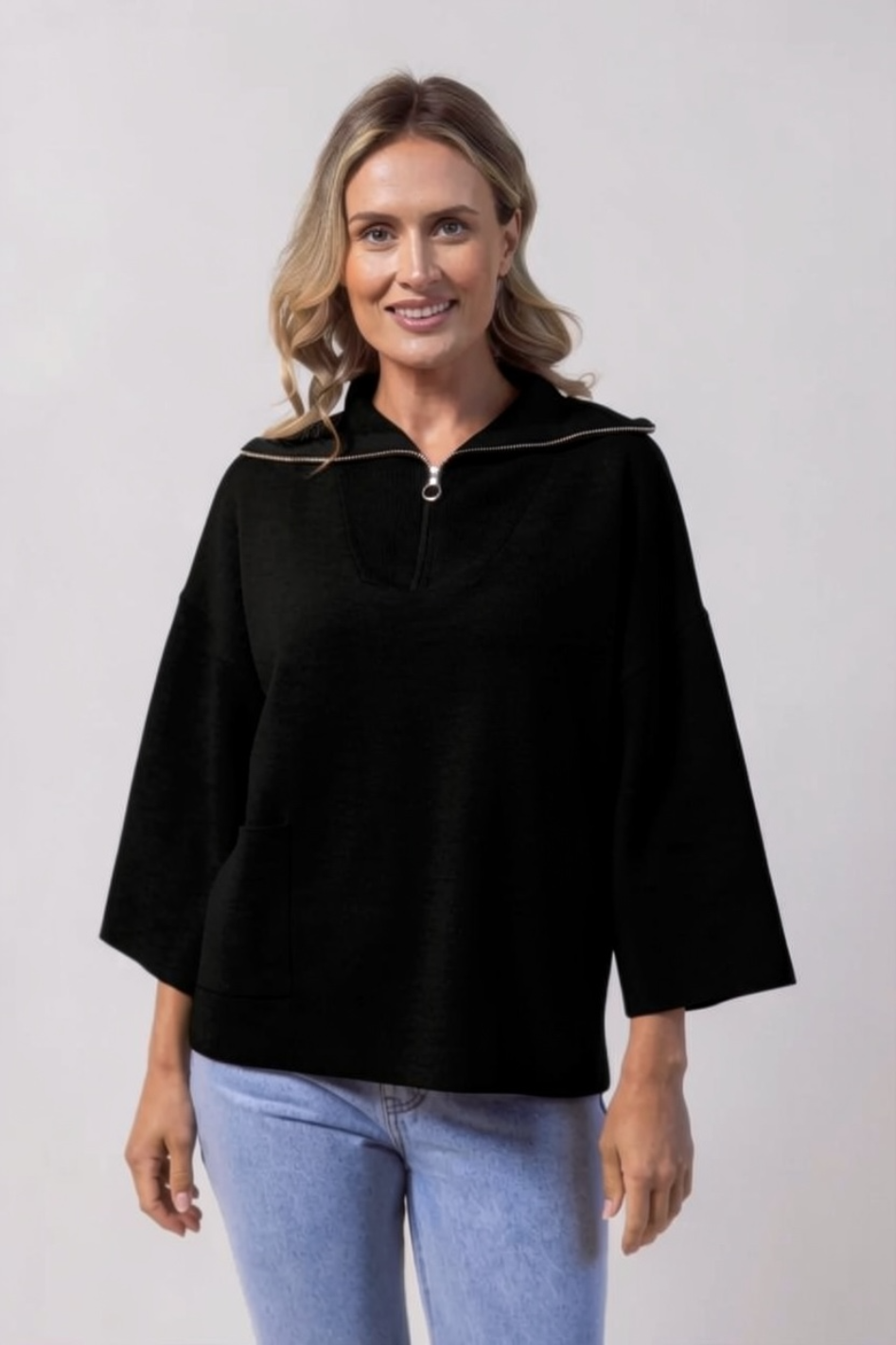 See Saw Wool Blend Zip Collar Dolman Sleeve Sweater in Black