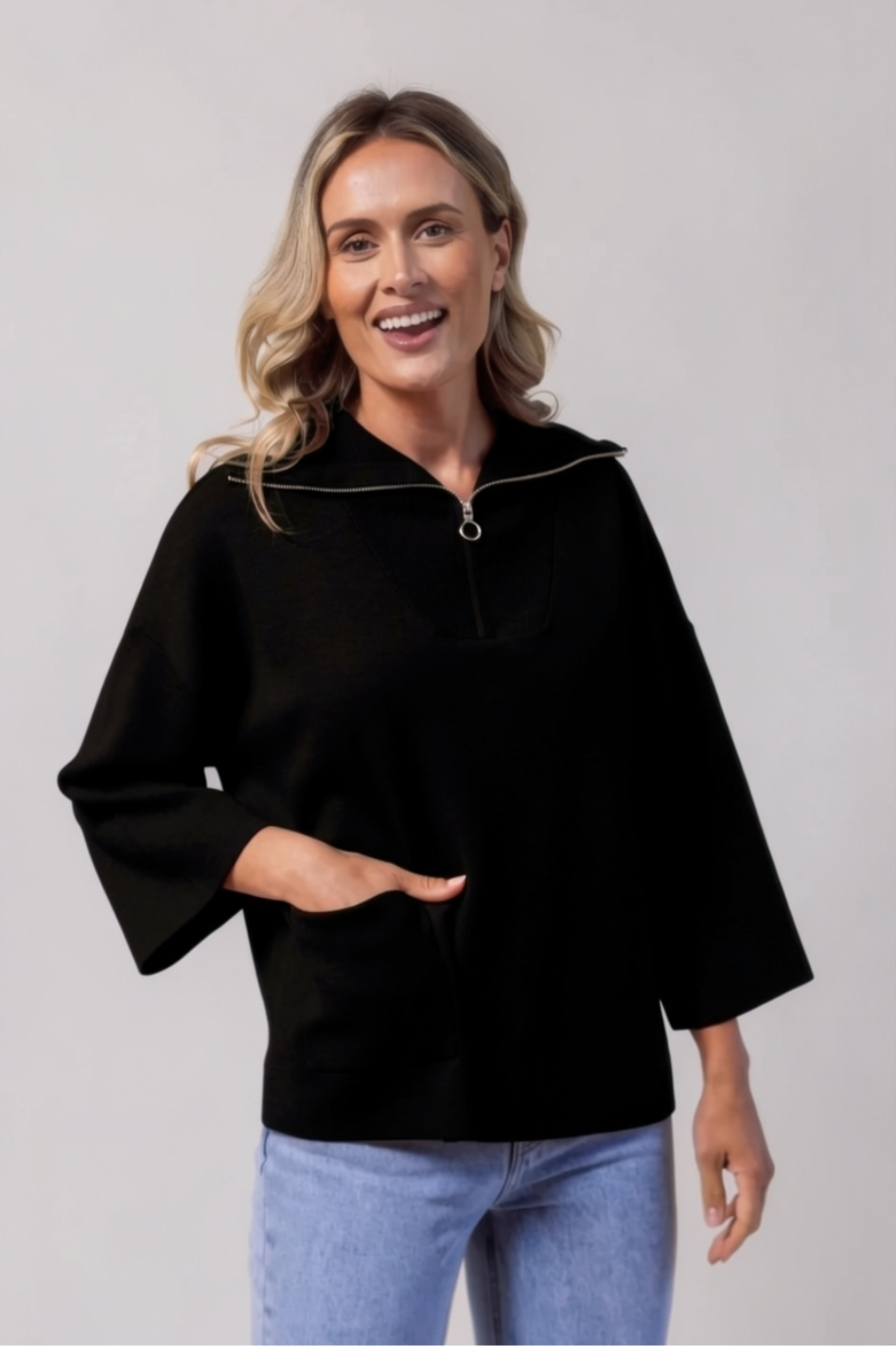 See Saw Wool Blend Zip Collar Dolman Sleeve Sweater in Black