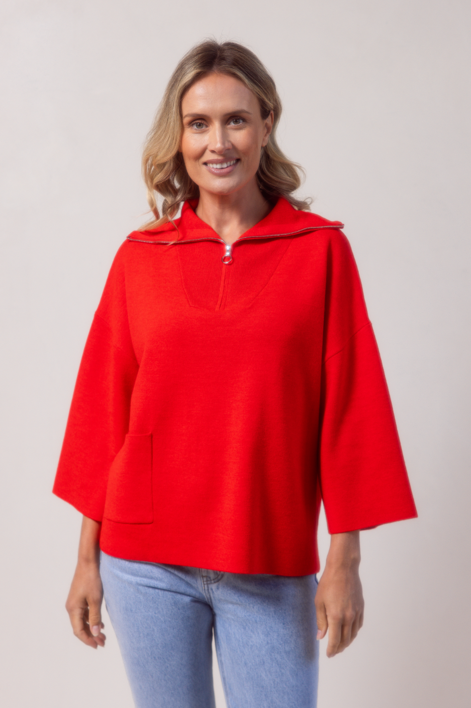 See Saw Wool Blend Zip Collar Dolman Sleeve Sweater | Chilli | 721
