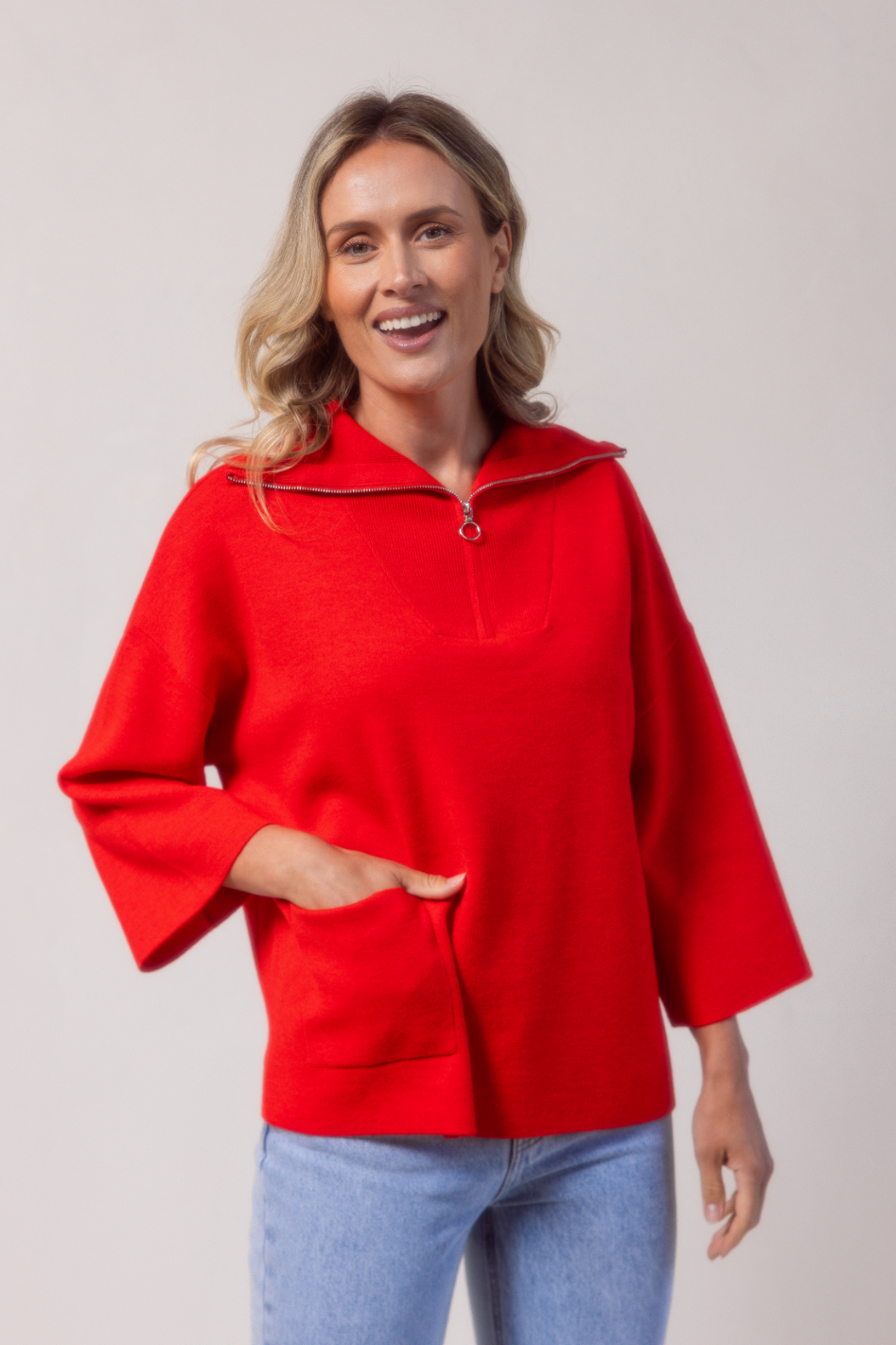 See Saw Wool Blend Zip Collar Dolman Sleeve Sweater | Chilli | 721