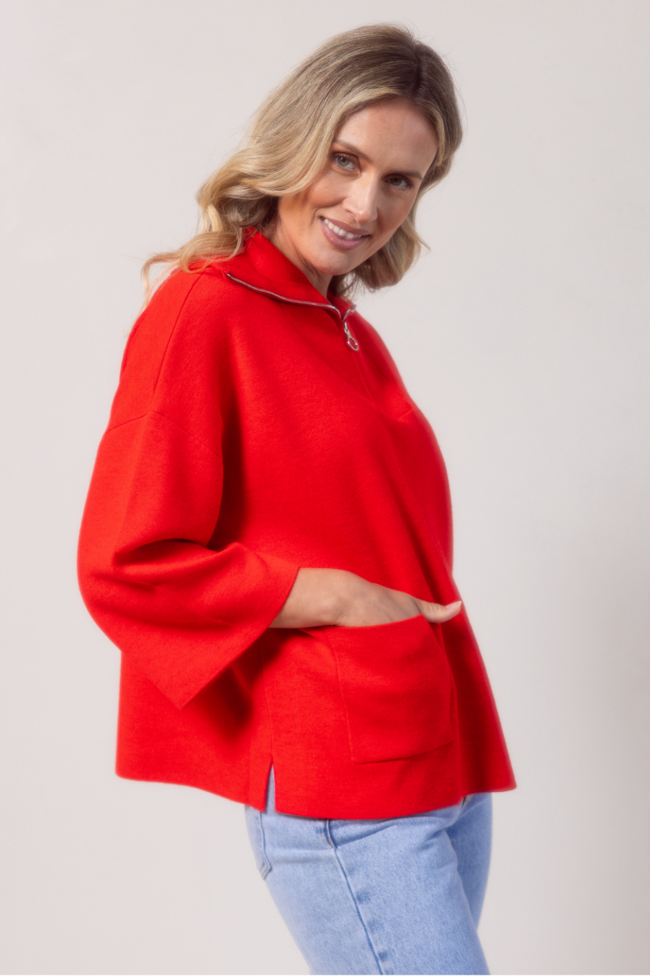 See Saw Wool Blend Zip Collar Dolman Sleeve Sweater | Chilli | 721