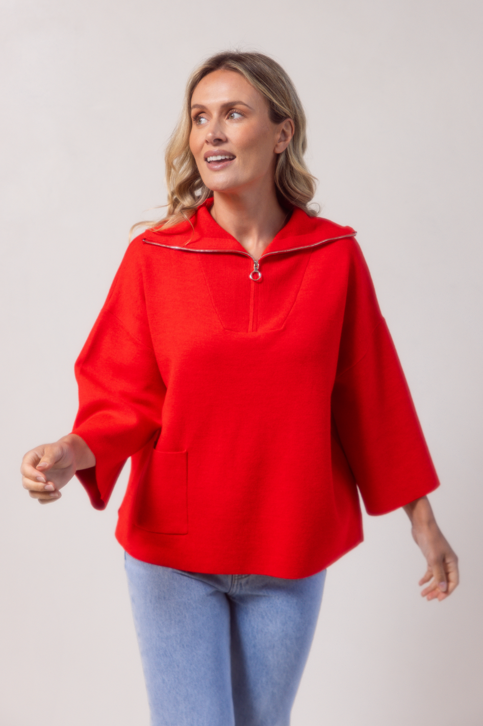 See Saw Wool Blend Zip Collar Dolman Sleeve Sweater | Chilli | 721