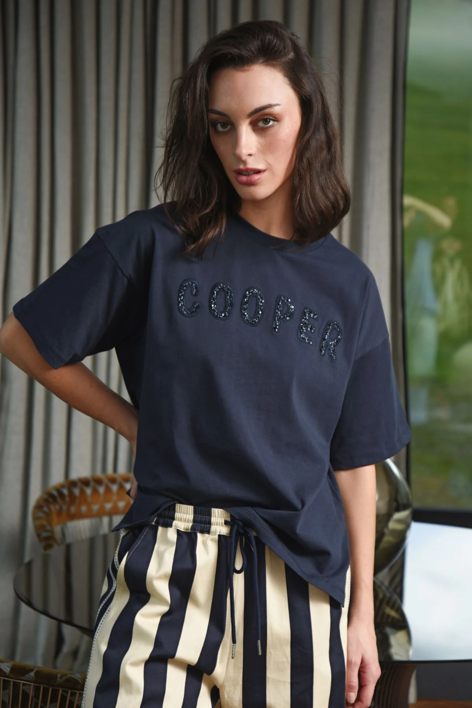 Cooper Beading Lady T-Shirt in Navy