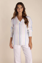 Load image into Gallery viewer, Two T&#39;s Linen Shirred Cuff Top in Candy Stripe 
