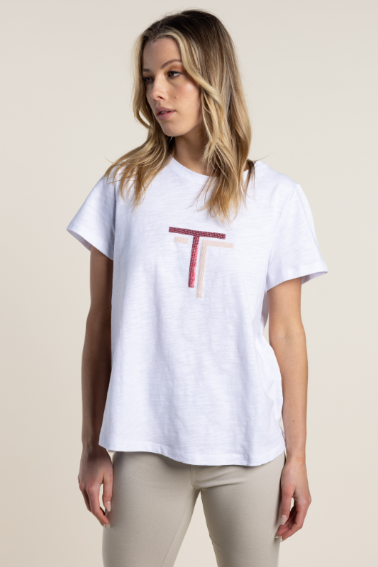 Two T's Logo Sequin T-Shirt White with Pink Sequins