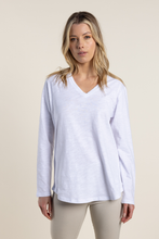 Load image into Gallery viewer, Two T&#39;s Long Sleeve V Neck Tee in White
