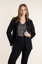 Load image into Gallery viewer, Two T&#39;s Ponte Blazer in Black with Mono Print Lining
