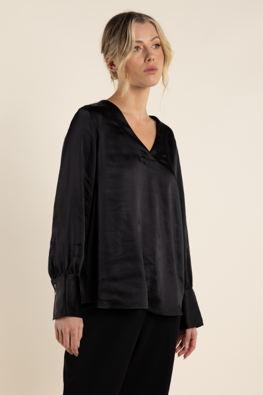 Two T's Satin V Neck Top in Black