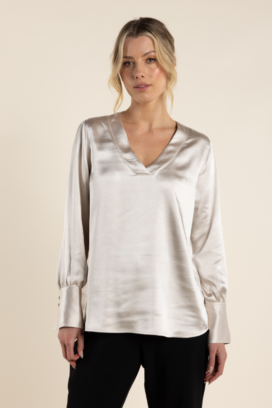 Two T's Satin V Neck Top in Natural