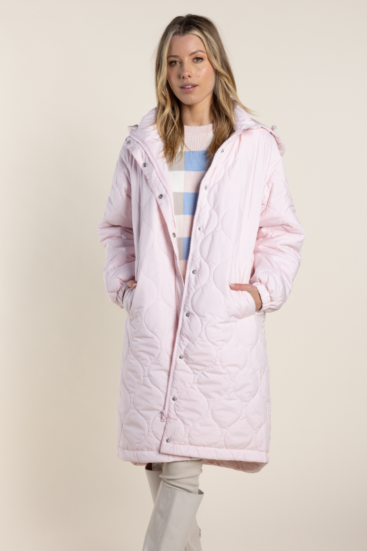 Two T's Long Puffer with Hood in Pale Pink