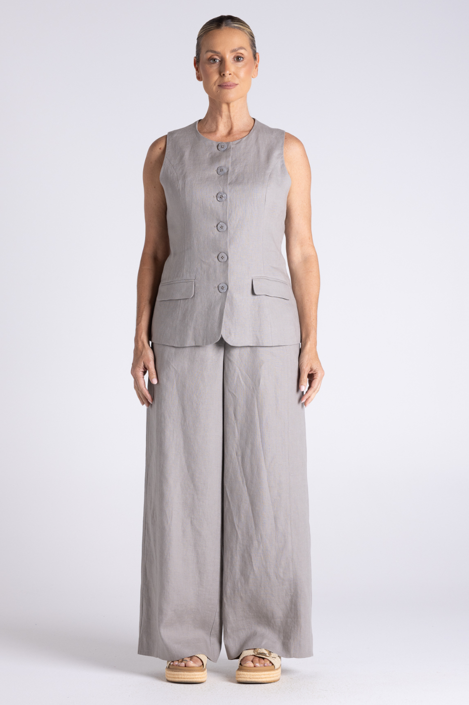 Two T's Abbey Wide Leg Pant in Dove Tweed Linen