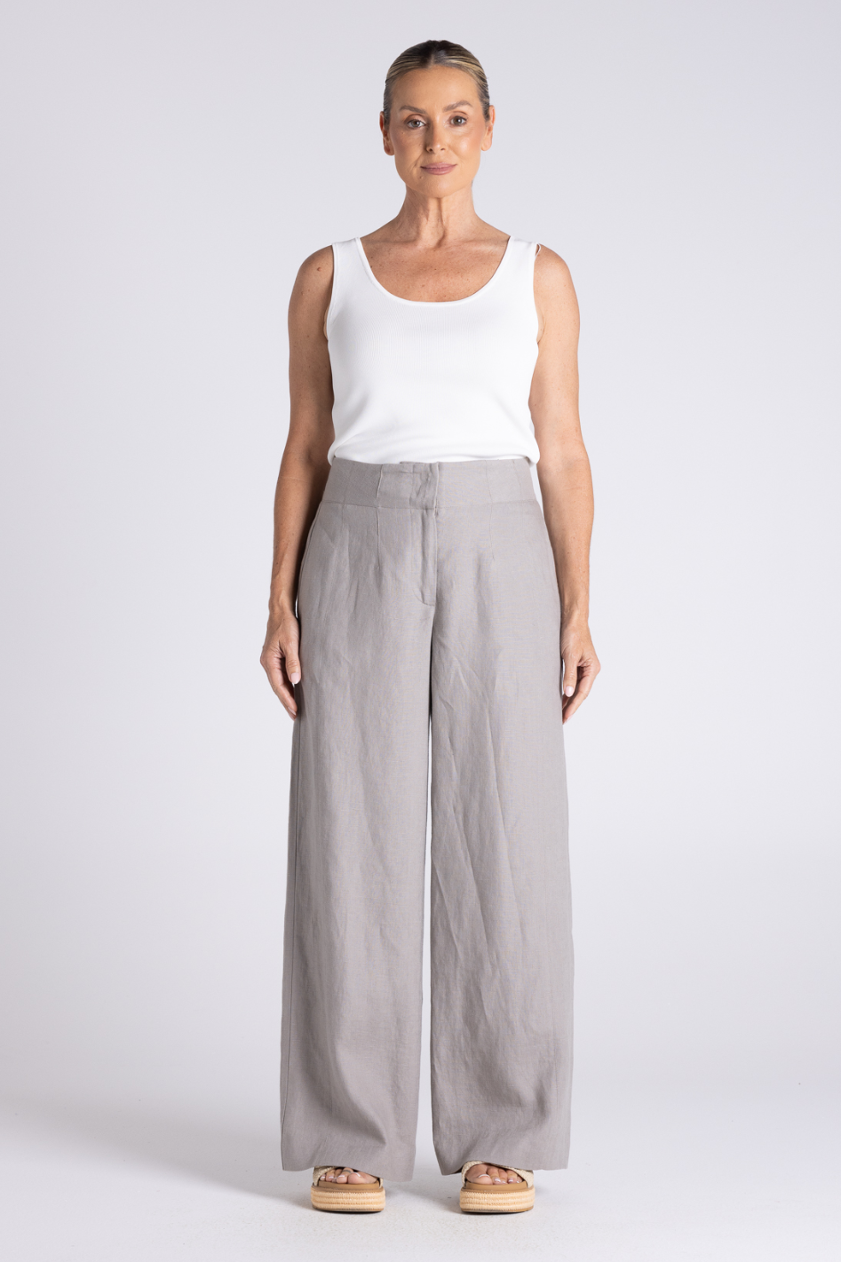 Two T's Abbey Wide Leg Pant in Dove Tweed Linen