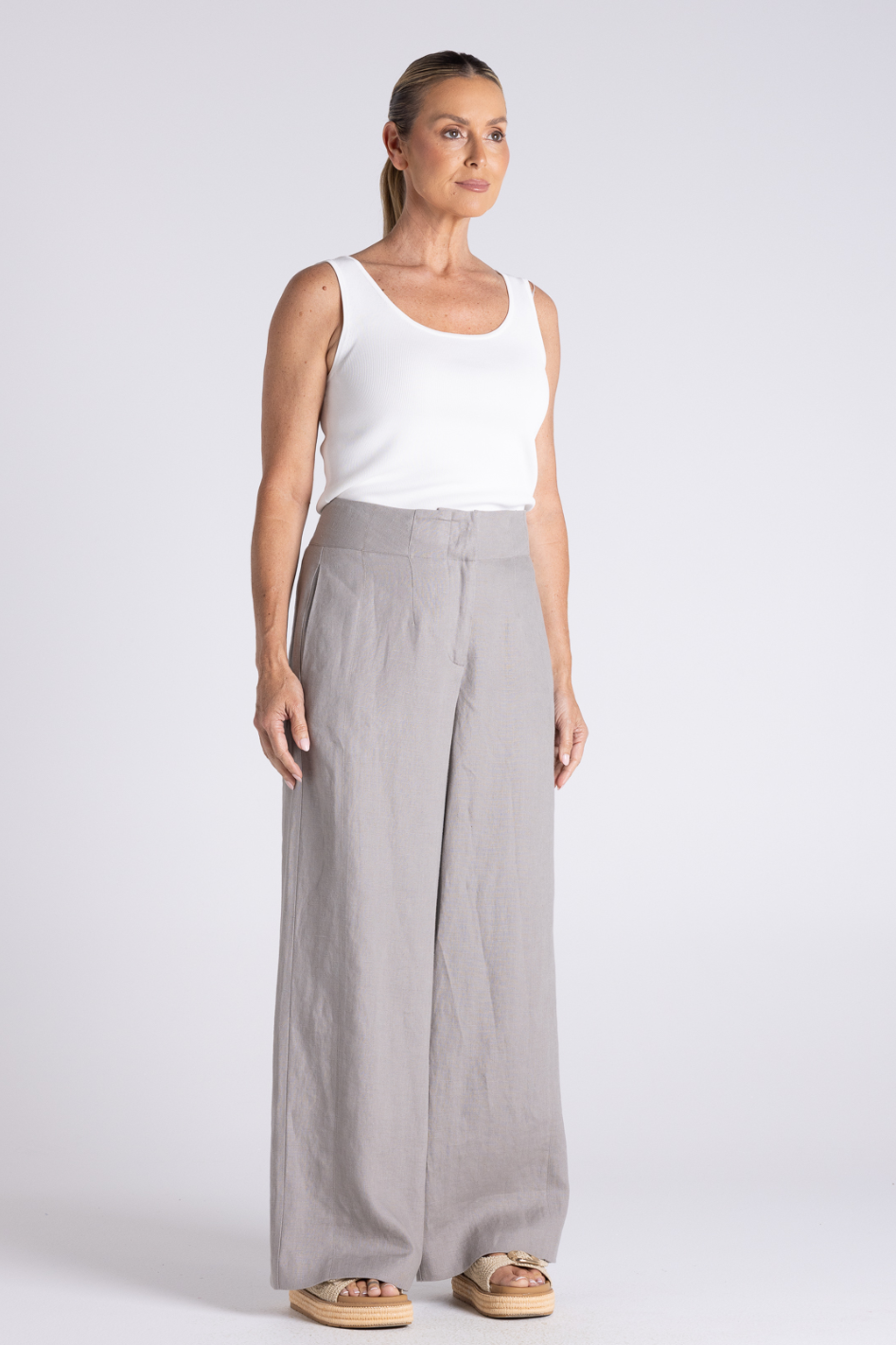 Two T's Abbey Wide Leg Pant in Dove Tweed Linen