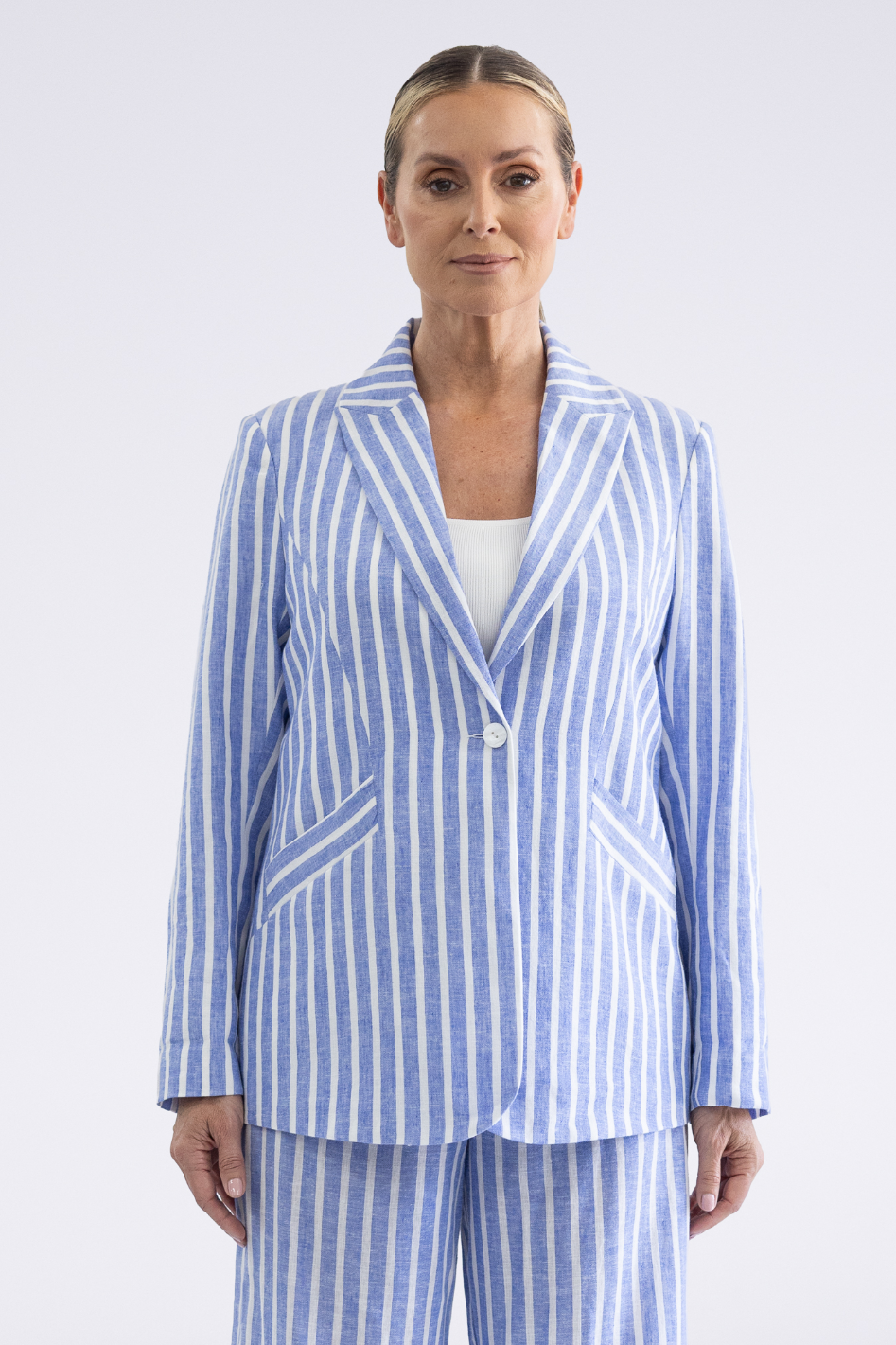 Two T's Amelia Stripe Blazer in Cornflower Blue and White Stripe