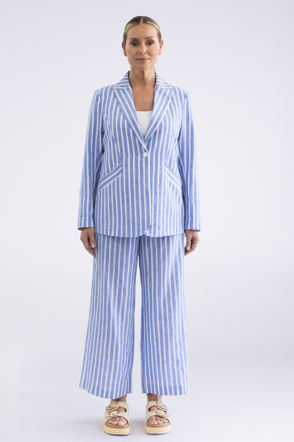 Two T's Amelia Stripe Blazer in Cornflower Blue and White Stripe