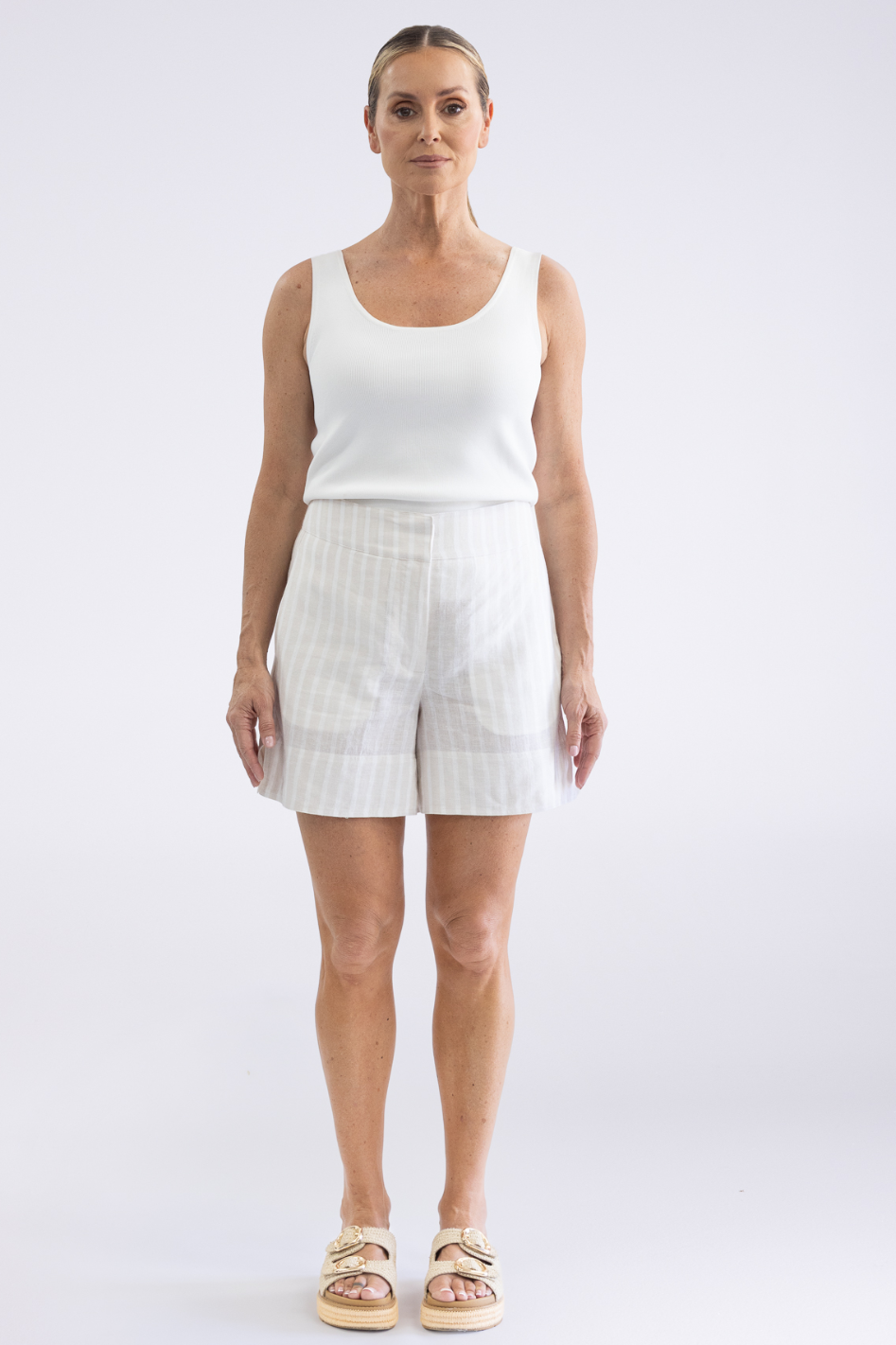 Two T's Amelia Stripe Short in Straw & White Stripe