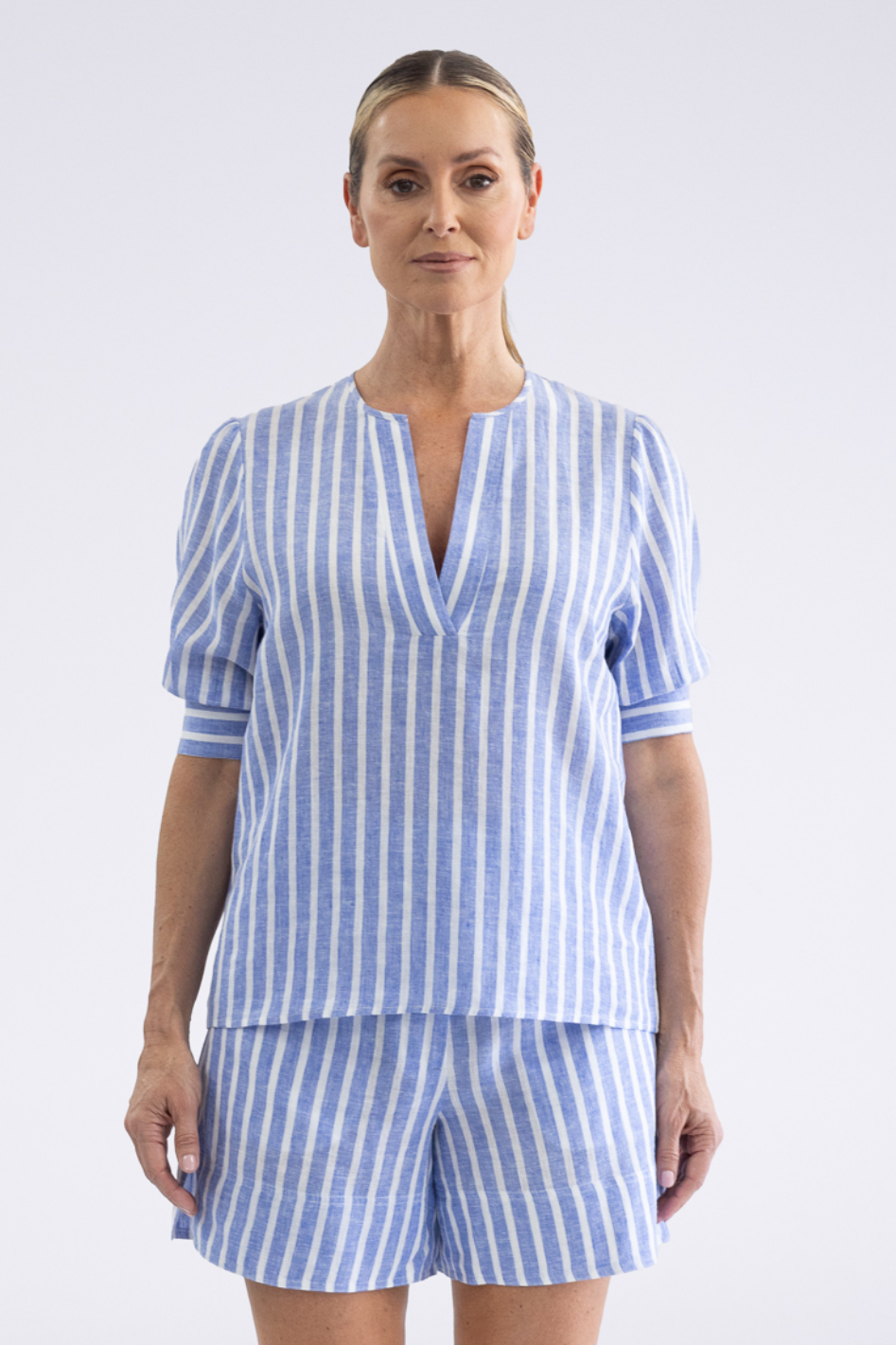 Two T's Amelia Stripe Top in Cornflower Blue & White Stripe