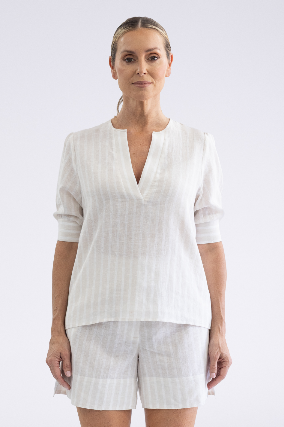 Two T's Amelia Stripe Top in Straw & White Stripe