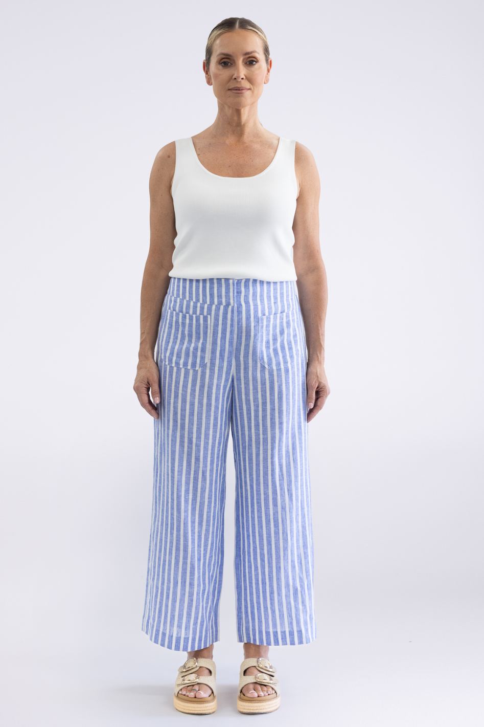 Two T's Amelia Stripe 7/8 Wide Leg Pant in Cornflower Blue & White Stripe
