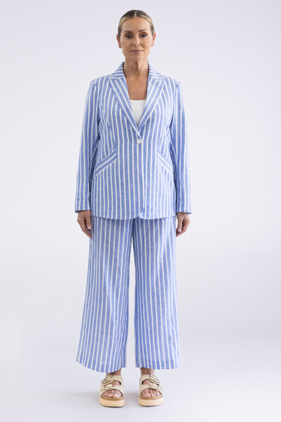 Two T's Amelia Stripe 7/8 Wide Leg Pant in Cornflower Blue & White Stripe