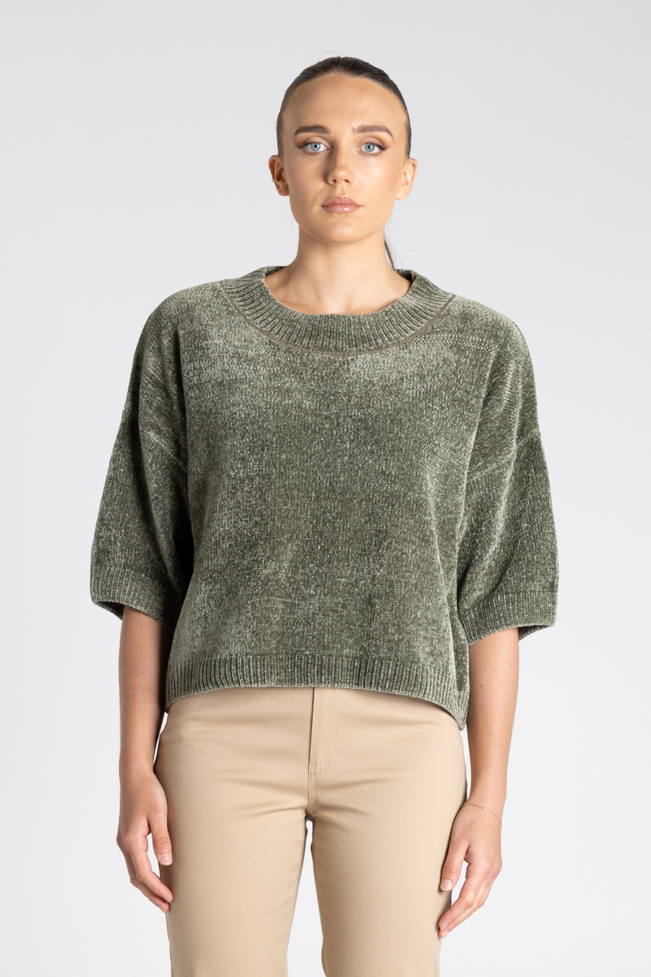 Two T's Chenille Knit Top in Khaki