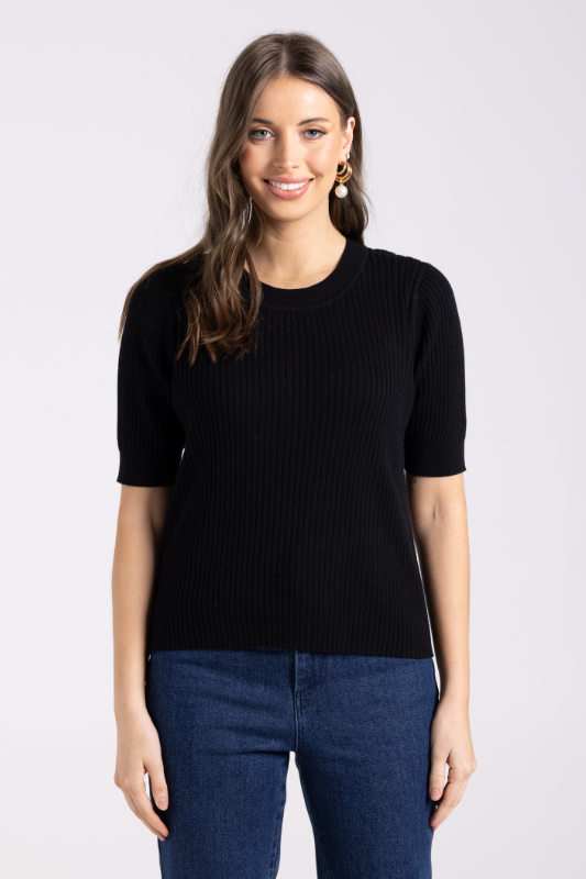 Two T's Rib Short Sleeve Crew Neck Knit | Black