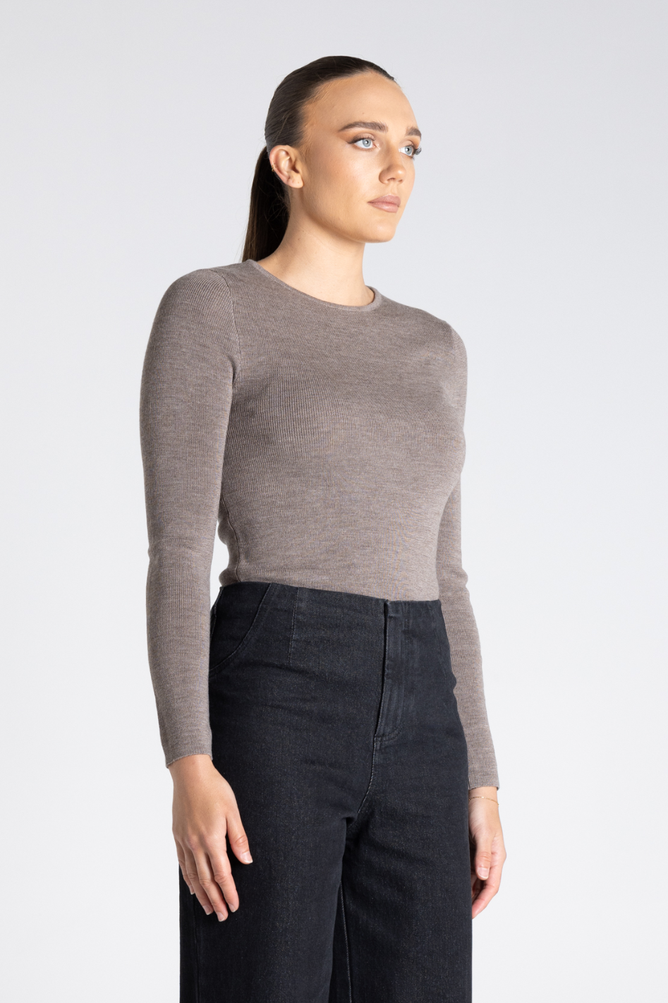 Two T's Crew Neck Merino Knit Top in Buff