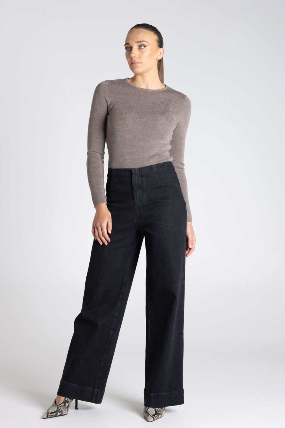 Two T's Crew Neck Merino Knit Top in Buff