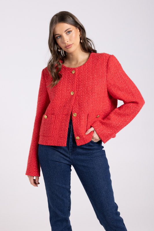 Two T's Crop Boucle Jacket | Scarlet