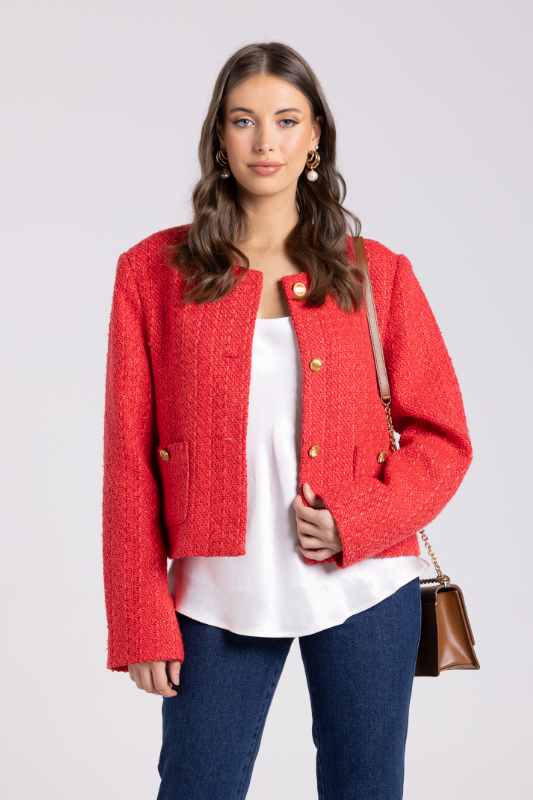 Two T's Crop Boucle Jacket | Scarlet