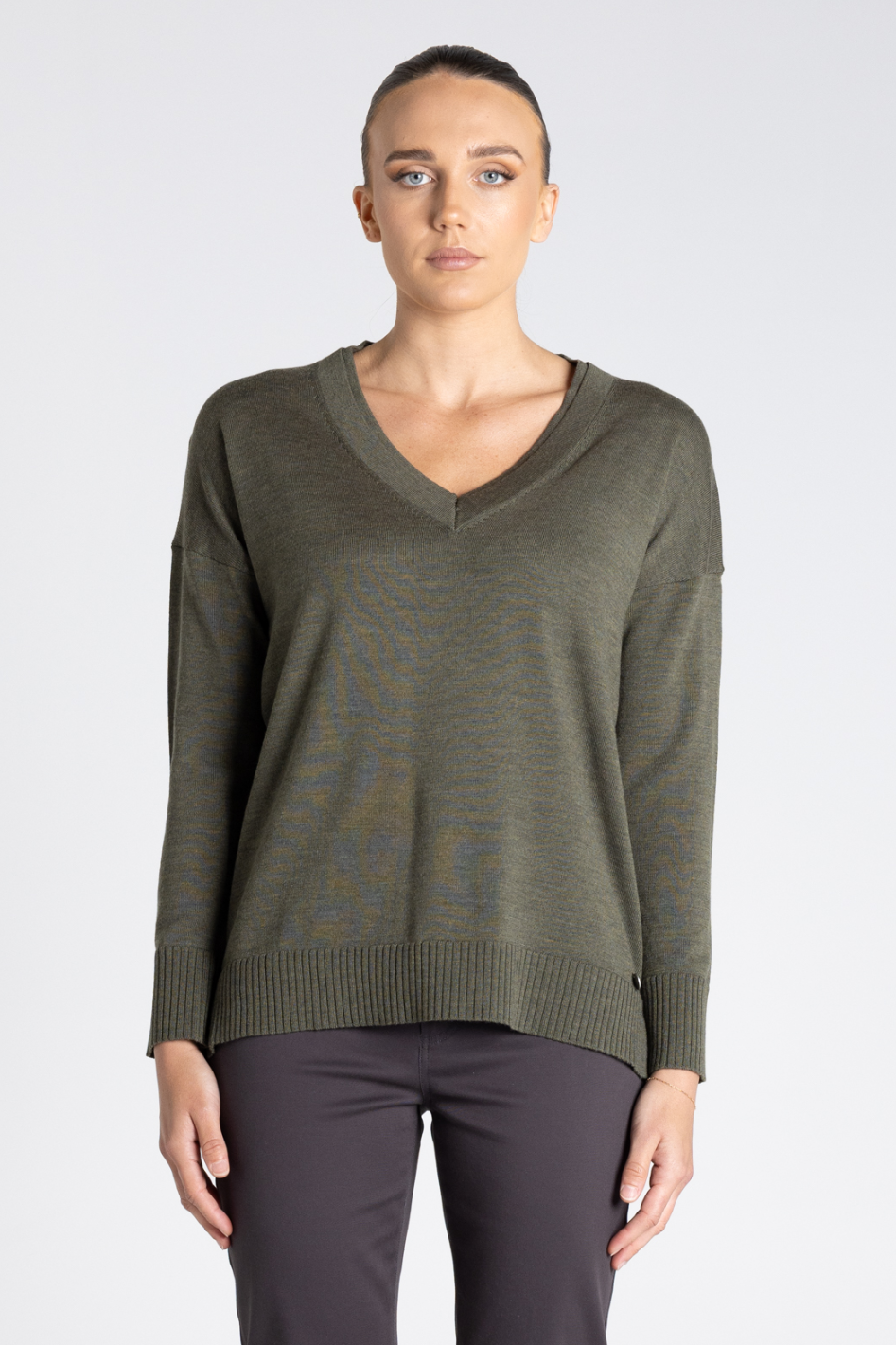 Two T's Double V Neck Sweater in Khaki