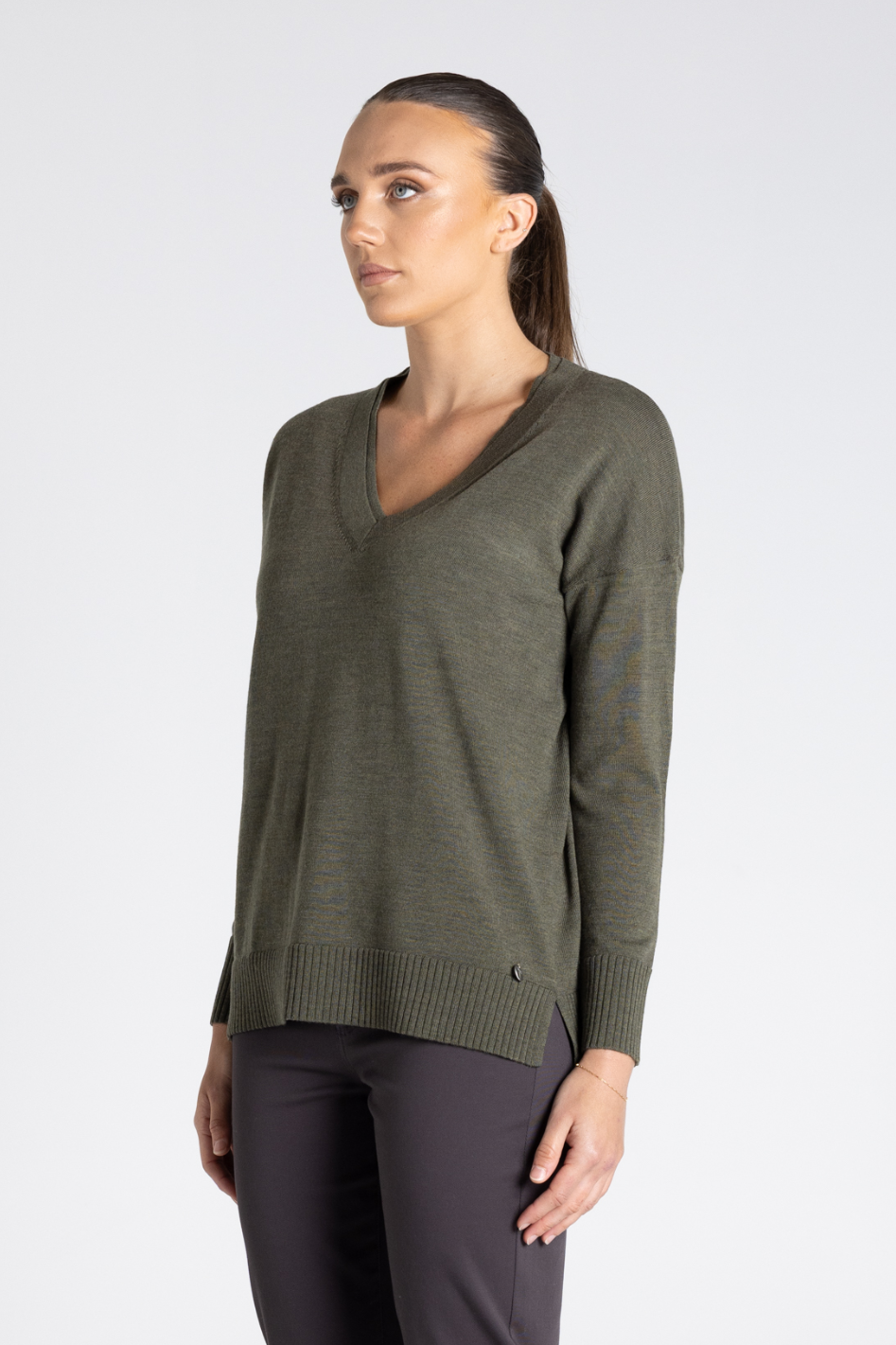 Two T's Double V Neck Sweater in Khaki