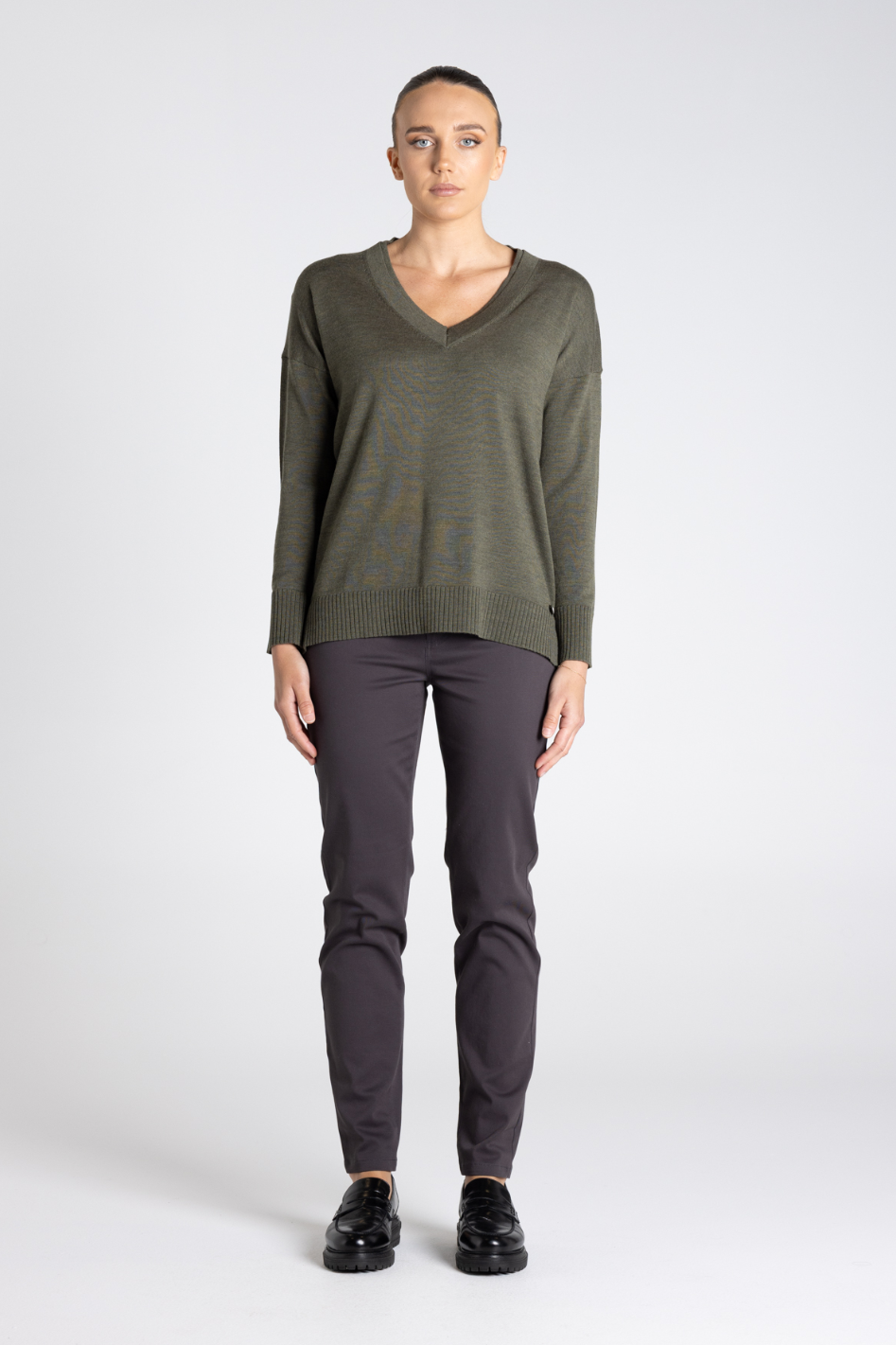 Two T's Double V Neck Sweater in Khaki