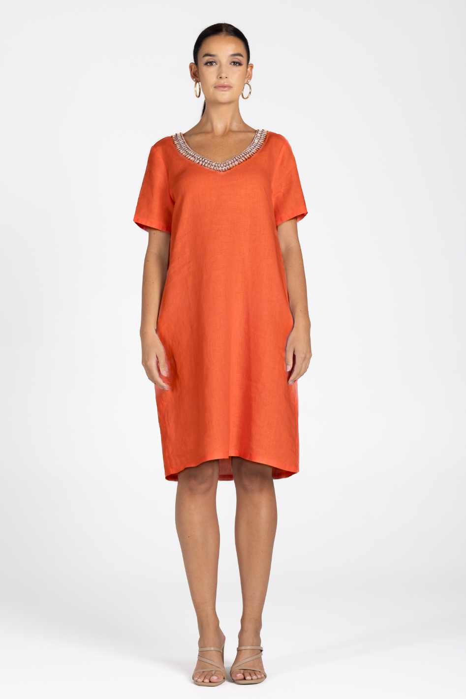 Two T's Linen V-Neck Beaded Dress in Burnt Orange