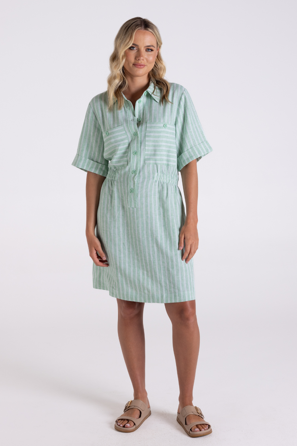 Two T's Linen Viscose Stripe Dress | Fern/White | 3187