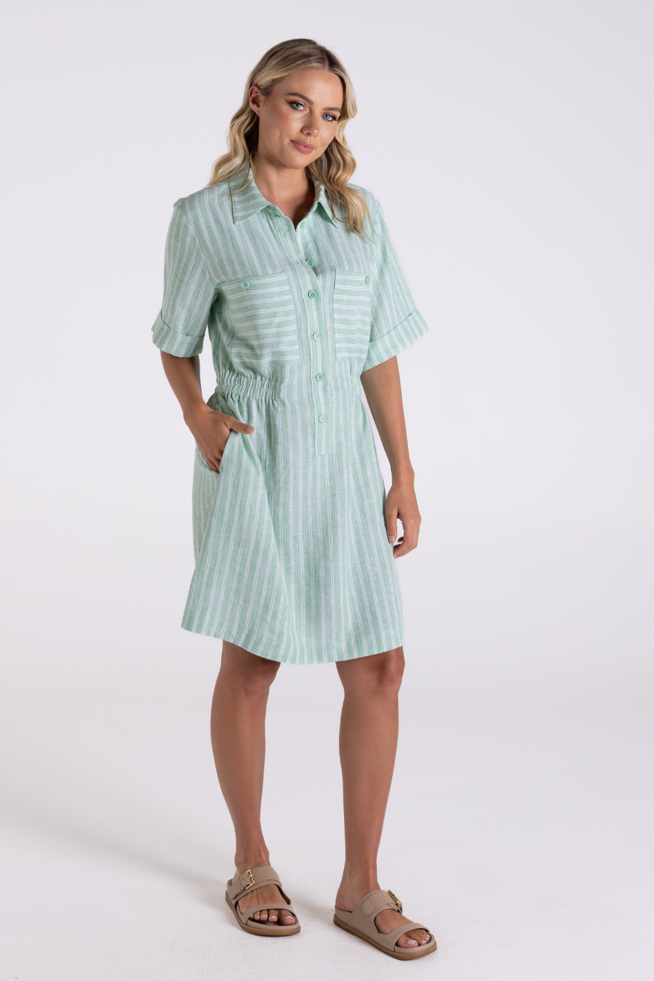 Two T's Linen Viscose Stripe Dress | Fern/White | 3187