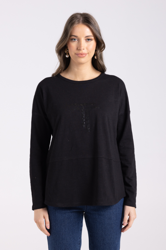 Two T's Crew Long Sleeve Logo Sequin Top | Black
